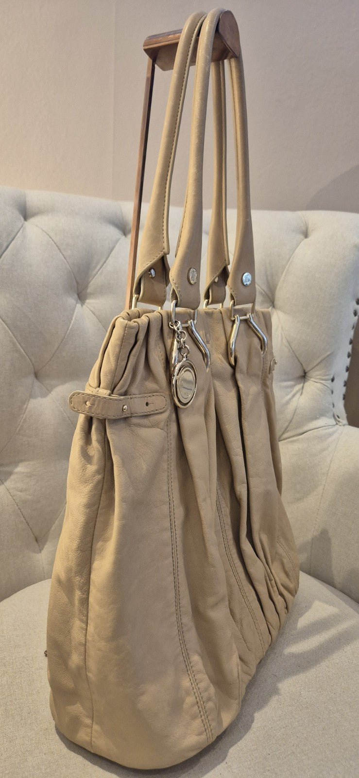 Authentic Pre Loved CELINE pleated Leather Tote Shoulder Bag Beige