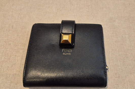 Fendi Black Leather Accordion Stud Wallet Leather
