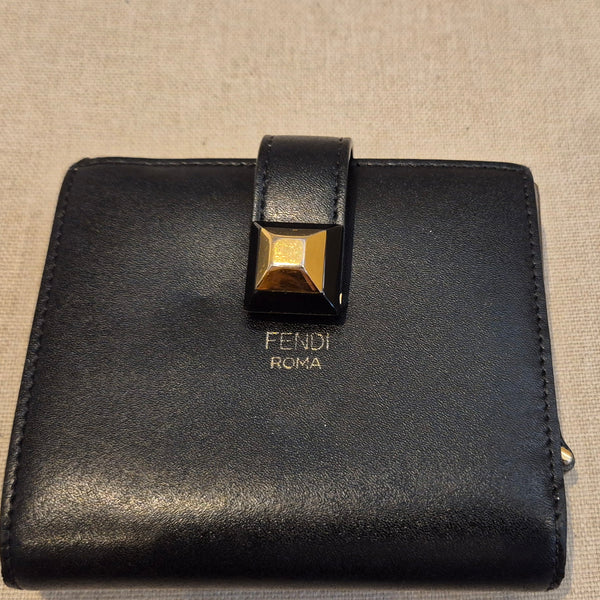 Fendi Black Leather Accordion Stud Wallet Leather