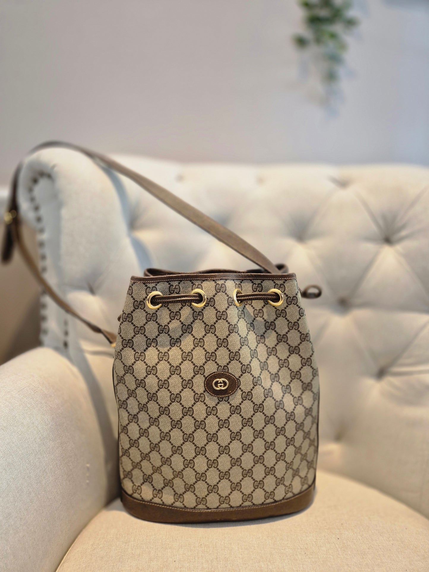 Gucci GG Monogram Womens Drawstring Bucket Bag in PVC Leather