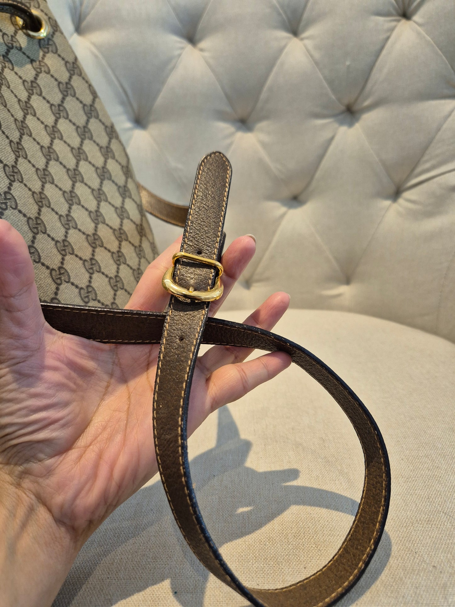 Gucci GG Monogram Womens Drawstring Bucket Bag in PVC Leather