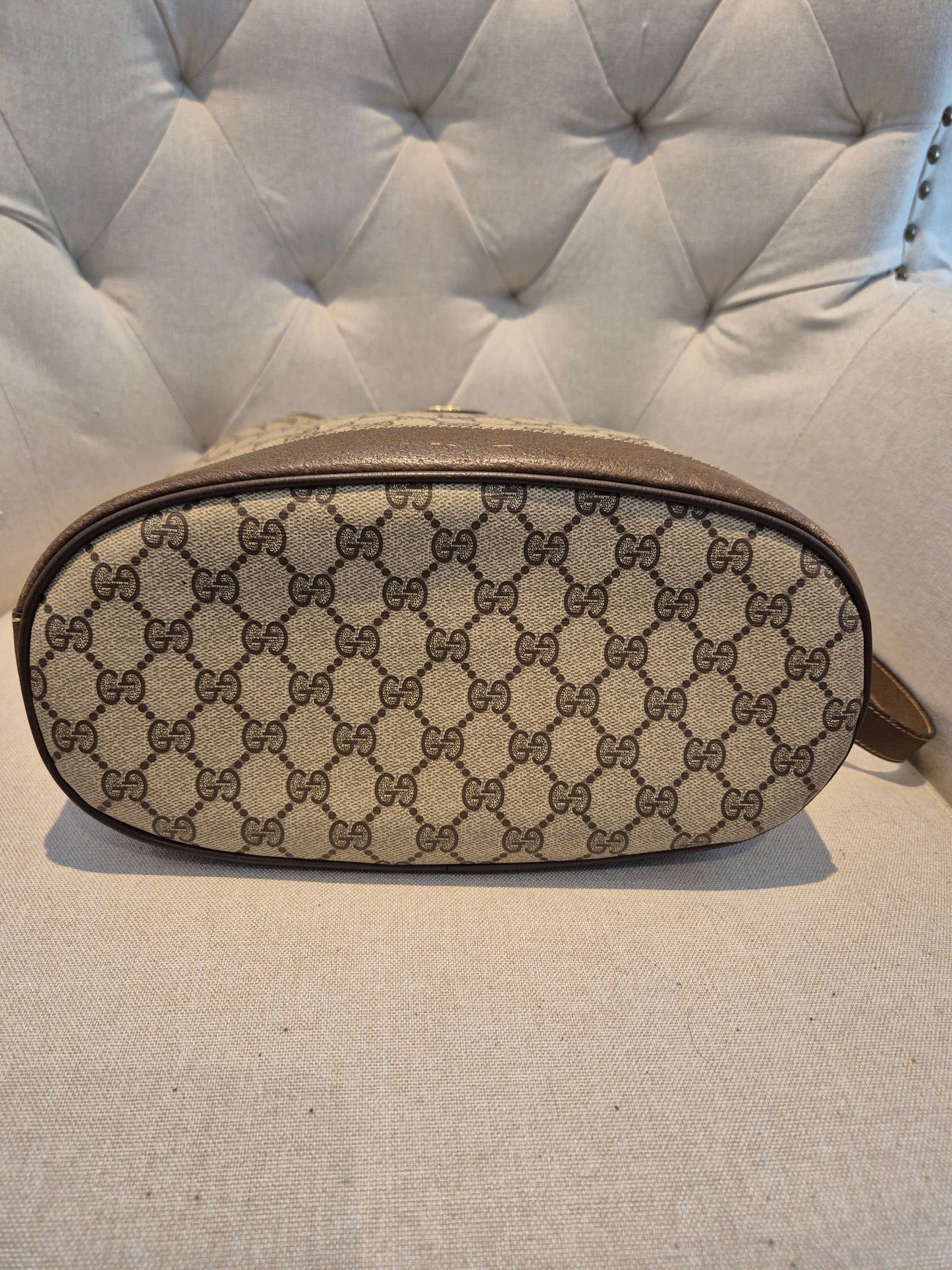 Gucci GG Monogram Womens Drawstring Bucket Bag in PVC Leather