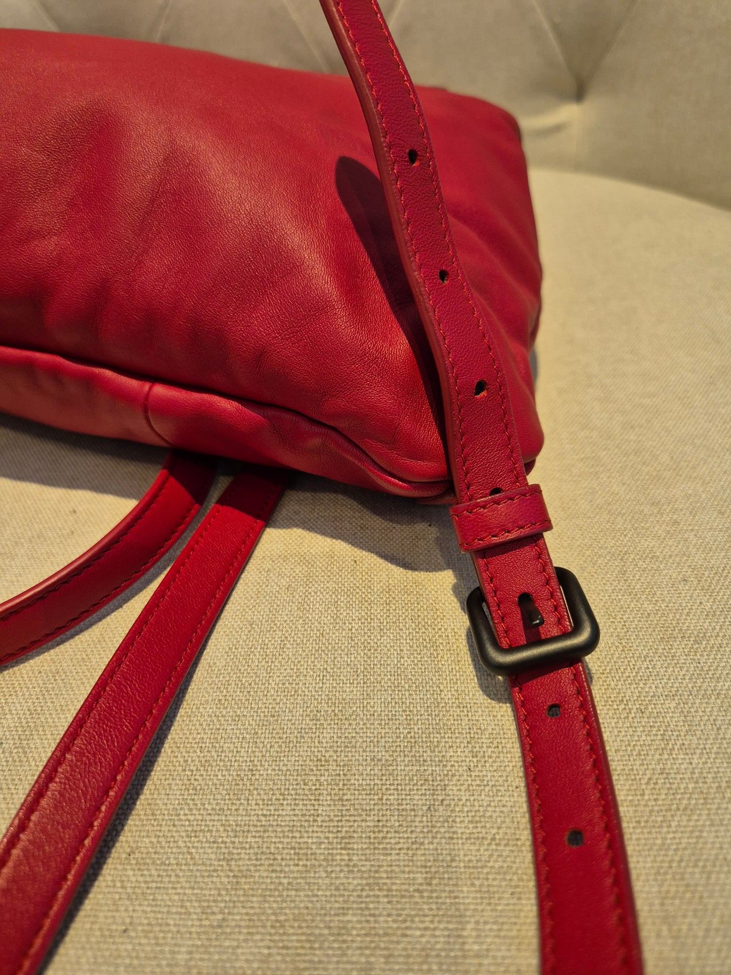 Bottega Veneta Red Leather Intrecciato Flap Drawstring Backpack