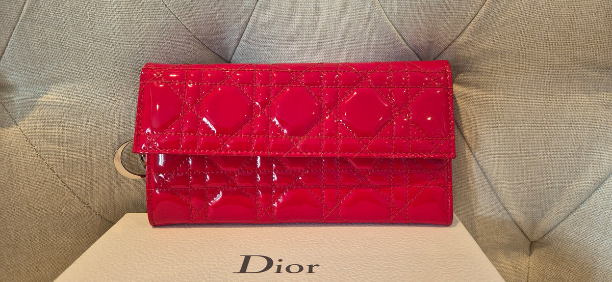 Christian Dior Patent Cannage Lady Dior Rendezvous Flap Wallet with Detachable sling