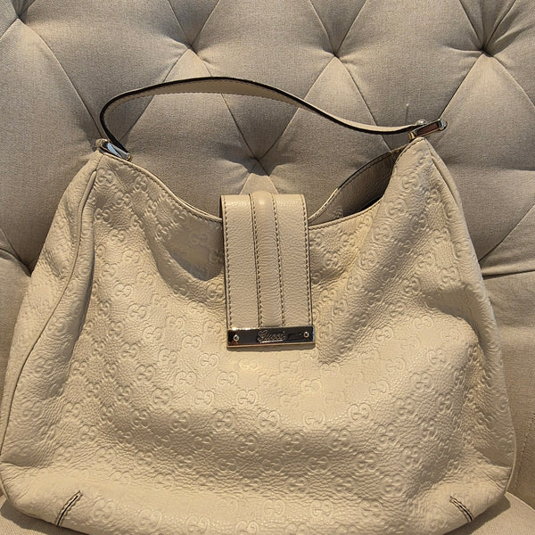 Gucci White Large Guccissima Leather Ladies Hobo Bag Cream