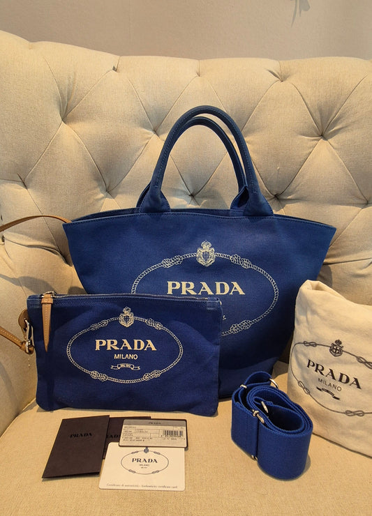 Prada Logo Canvas Bucket Tote - Cobalt Blue pre owned complete