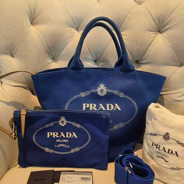 Prada Logo Canvas Bucket Tote - Cobalt Blue pre owned complete