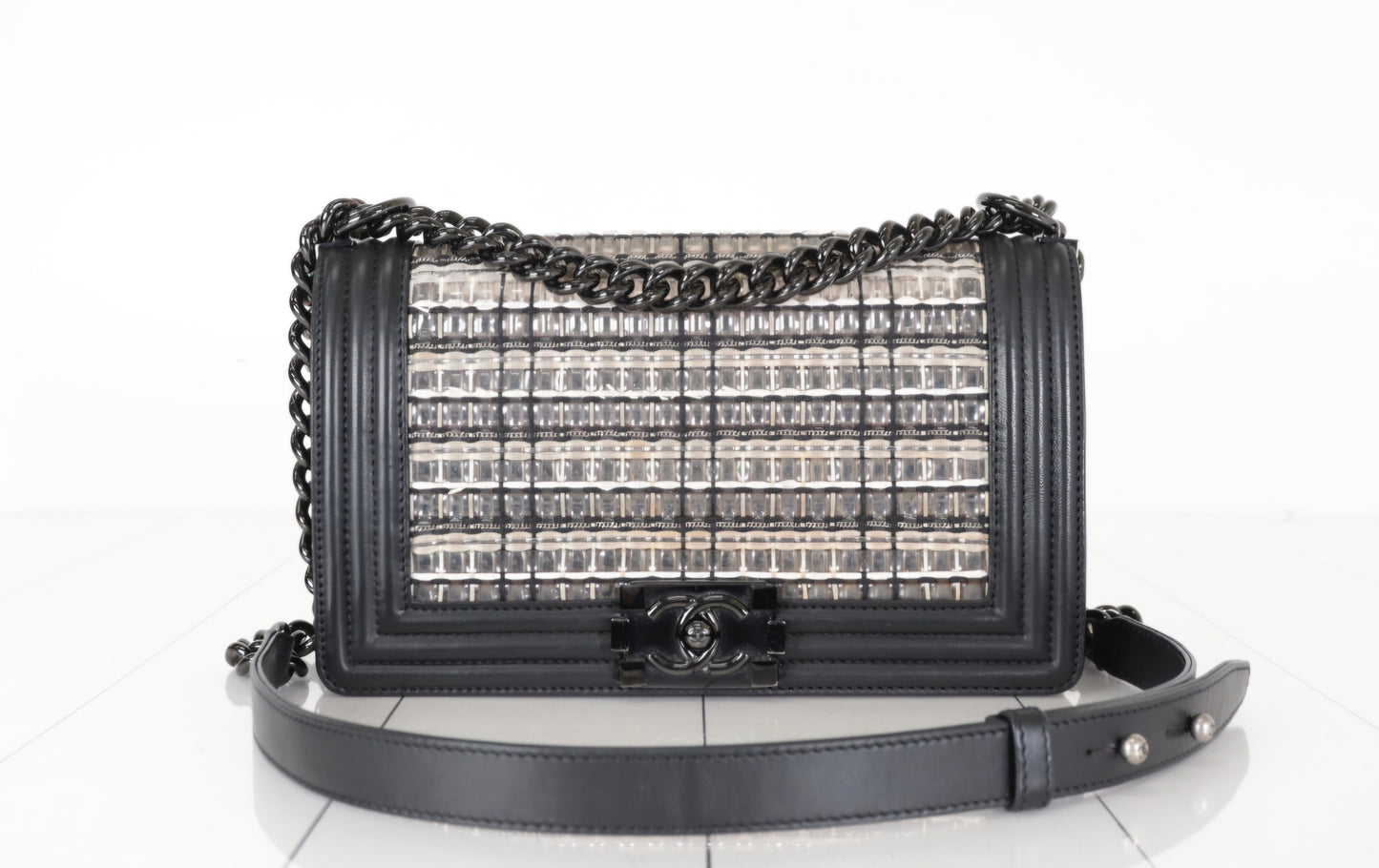 LIMITED Chanel Boy Woven PVC Thread Flap Bag, Lambskin Medium By Karl Lagerfeld