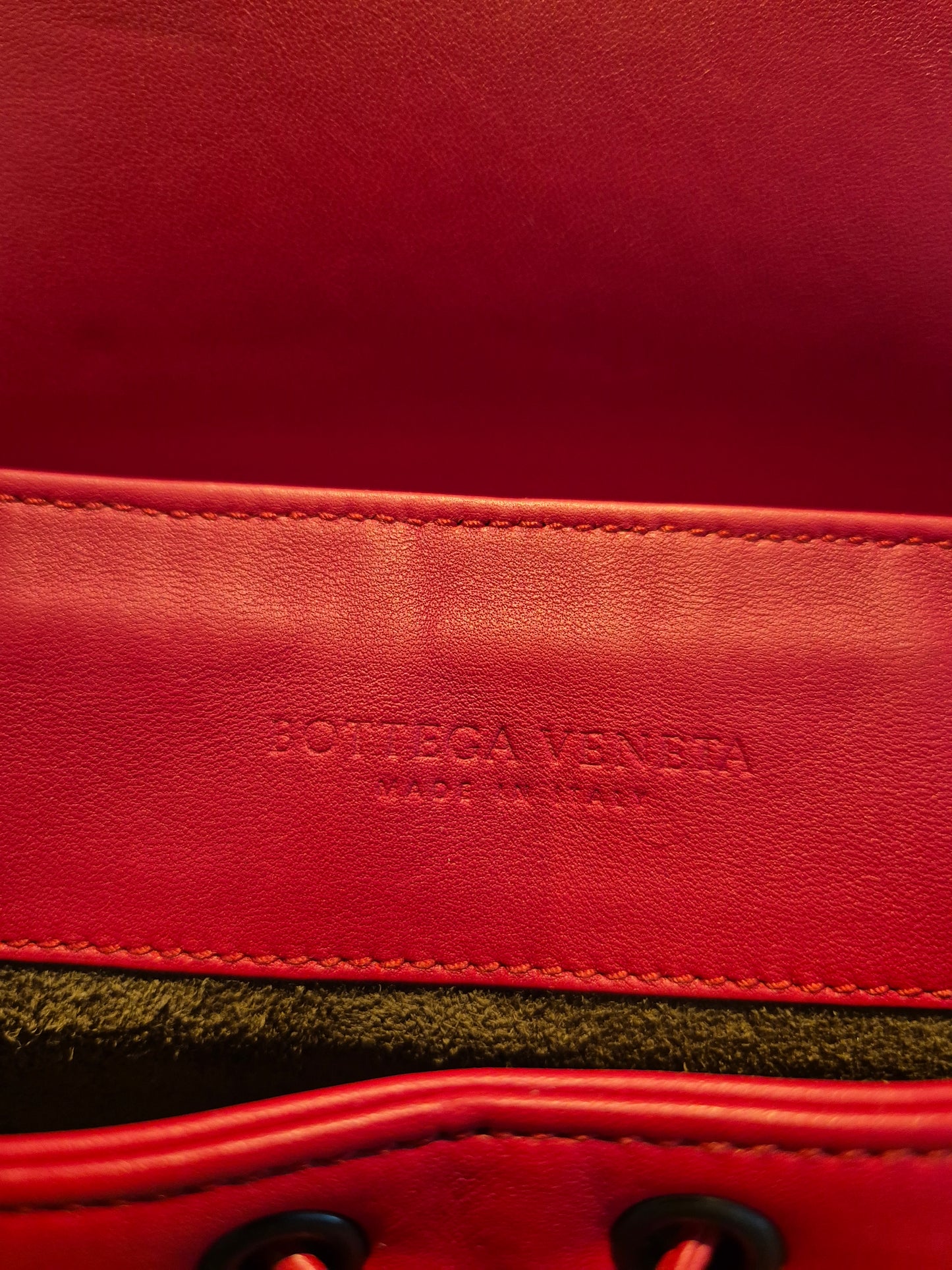 Bottega Veneta Red Leather Intrecciato Flap Drawstring Backpack