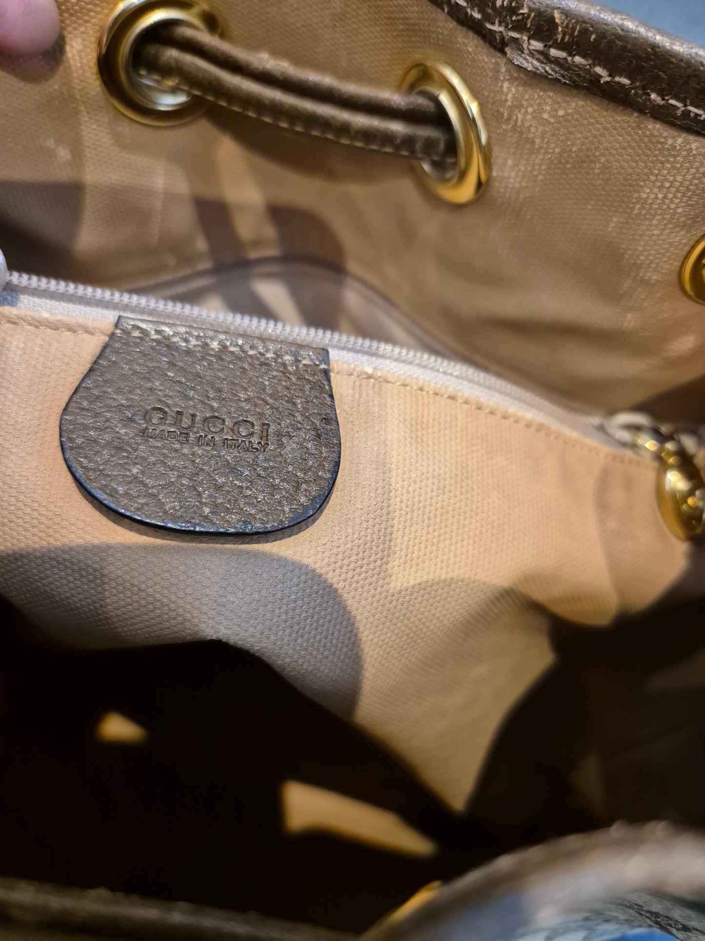 Gucci GG Monogram Womens Drawstring Bucket Bag in PVC Leather