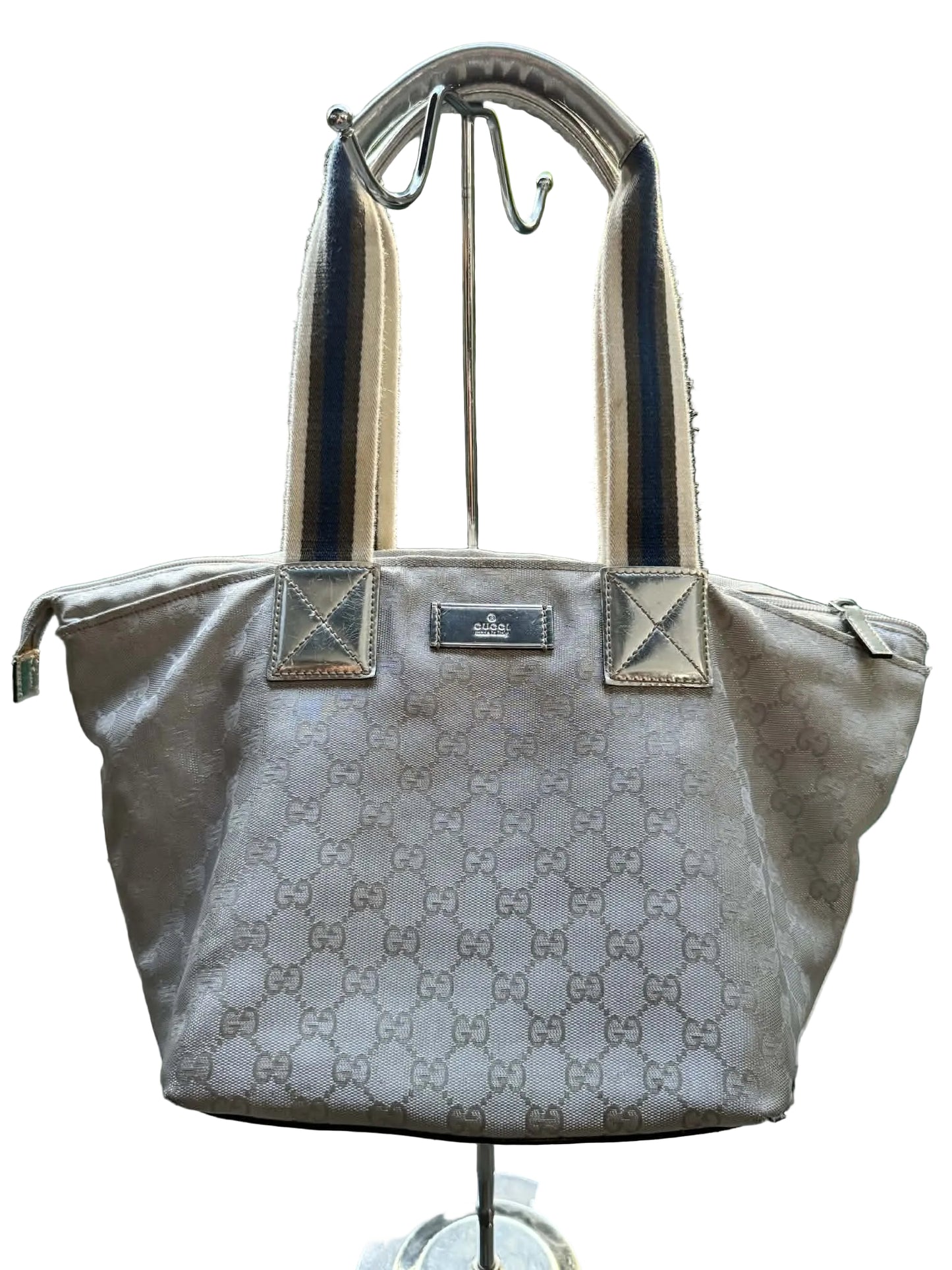 Gucci GG Canvas Web Stripe Tote Bag in silver