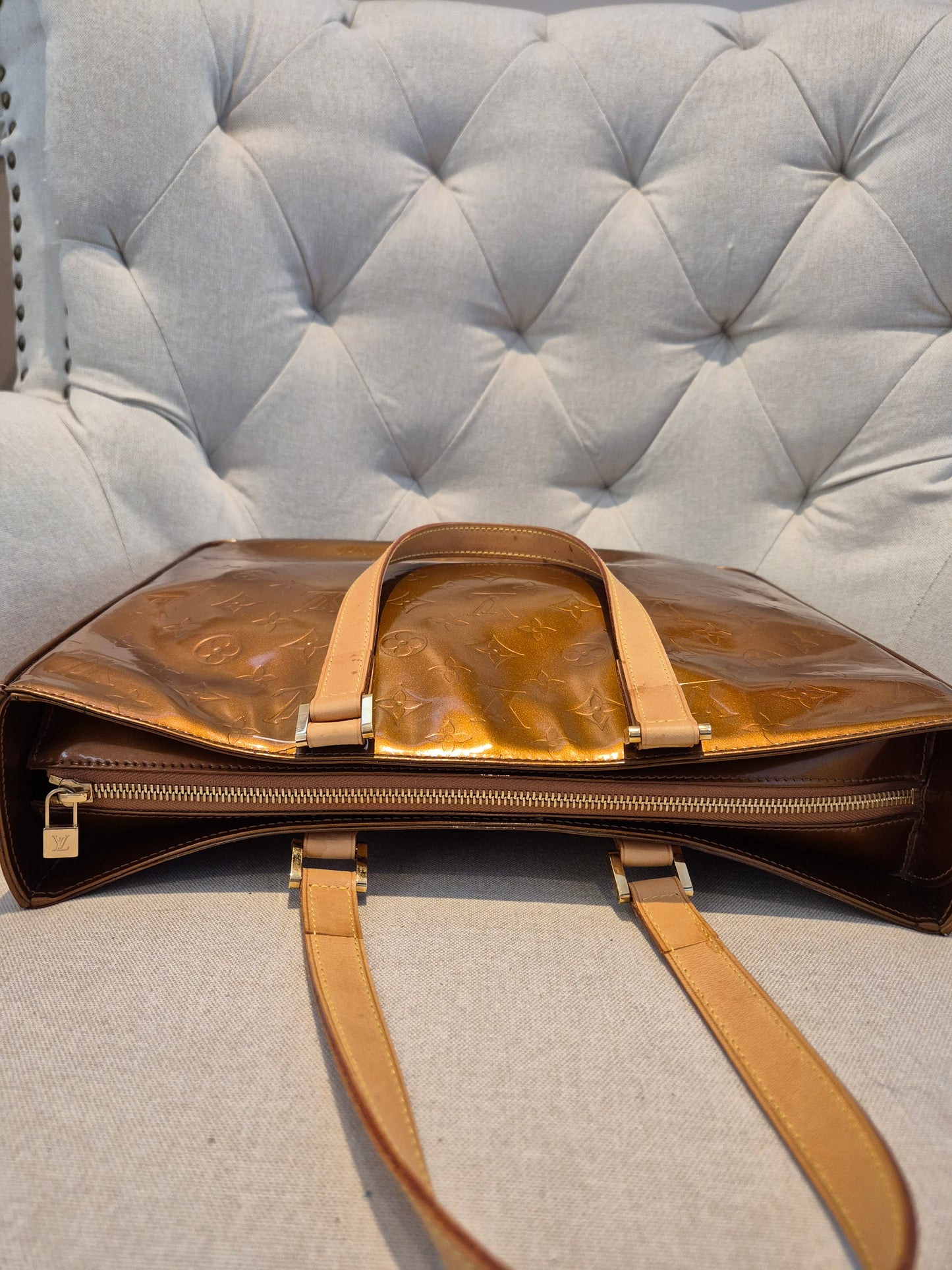 Louis Vuitton Monogram Vernis Columbus Copper Zip Tote Luxury Designer Zip Bag