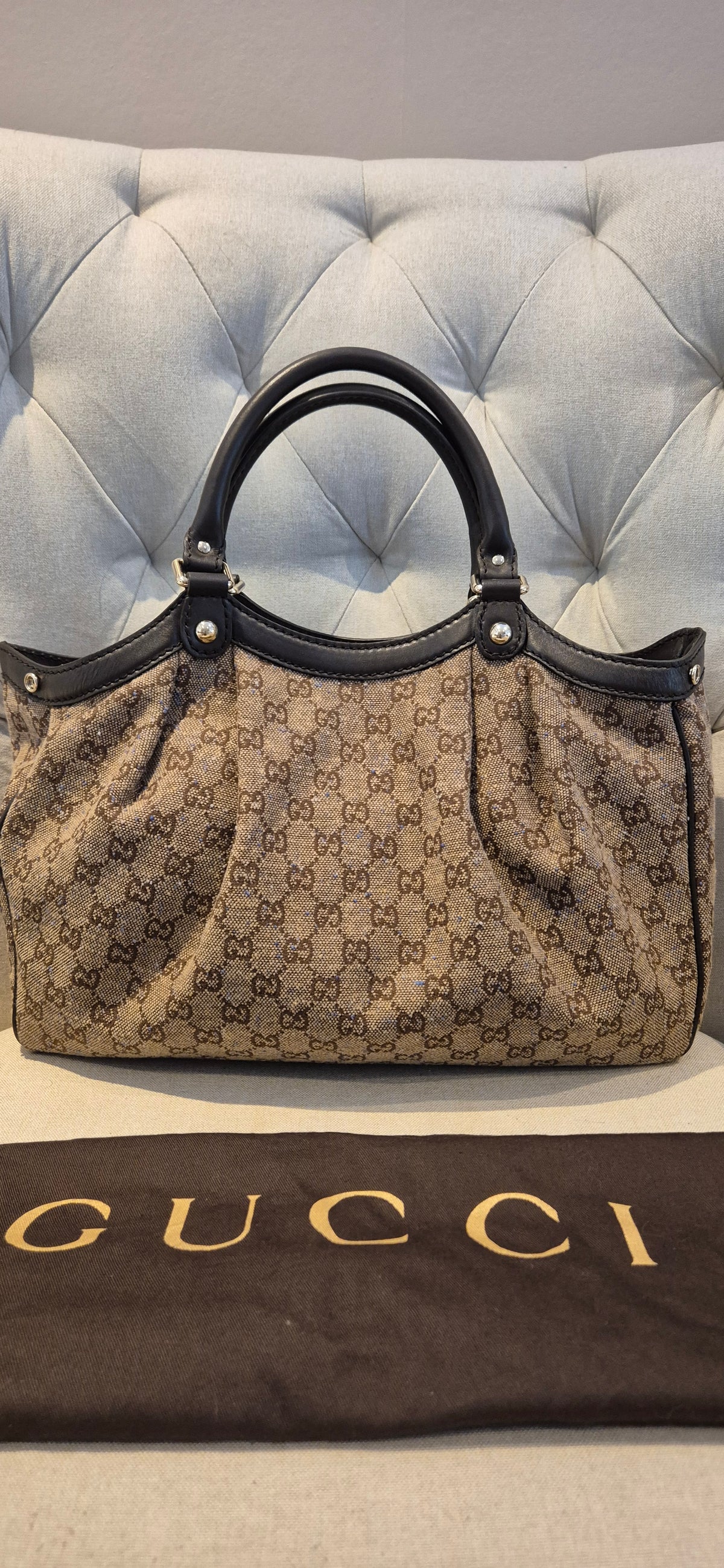 Gucci Sukey Medium GG Monogram Canvas Tote Bag – Dark Brown Trim Excellent Condition