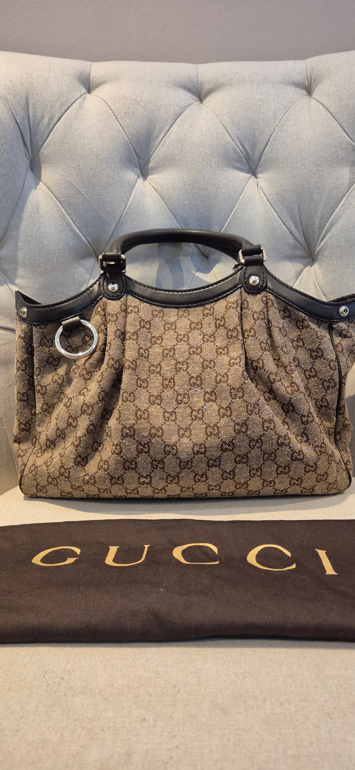 Gucci Sukey Medium GG Monogram Canvas Tote Bag – Dark Brown Trim Excellent Condition