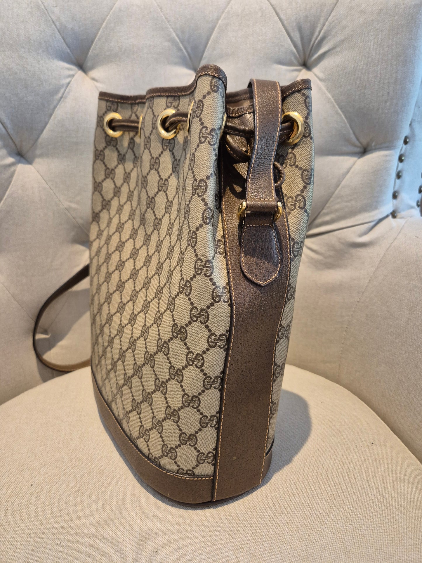 Gucci GG Monogram Womens Drawstring Bucket Bag in PVC Leather