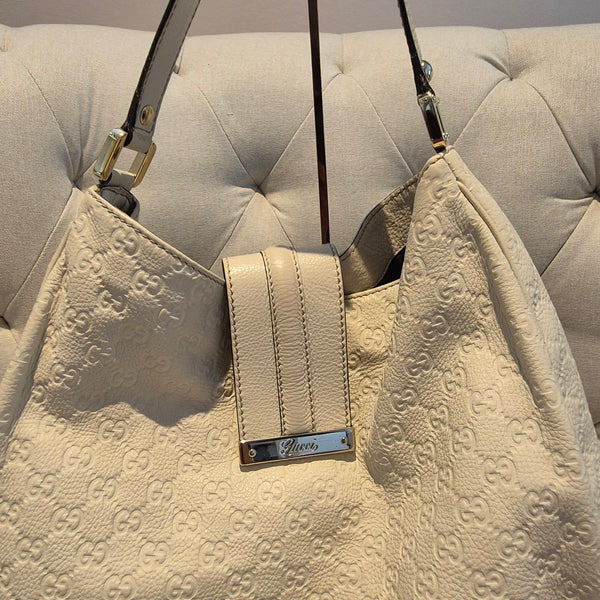 Gucci White Large Guccissima Leather Ladies Hobo Bag Cream