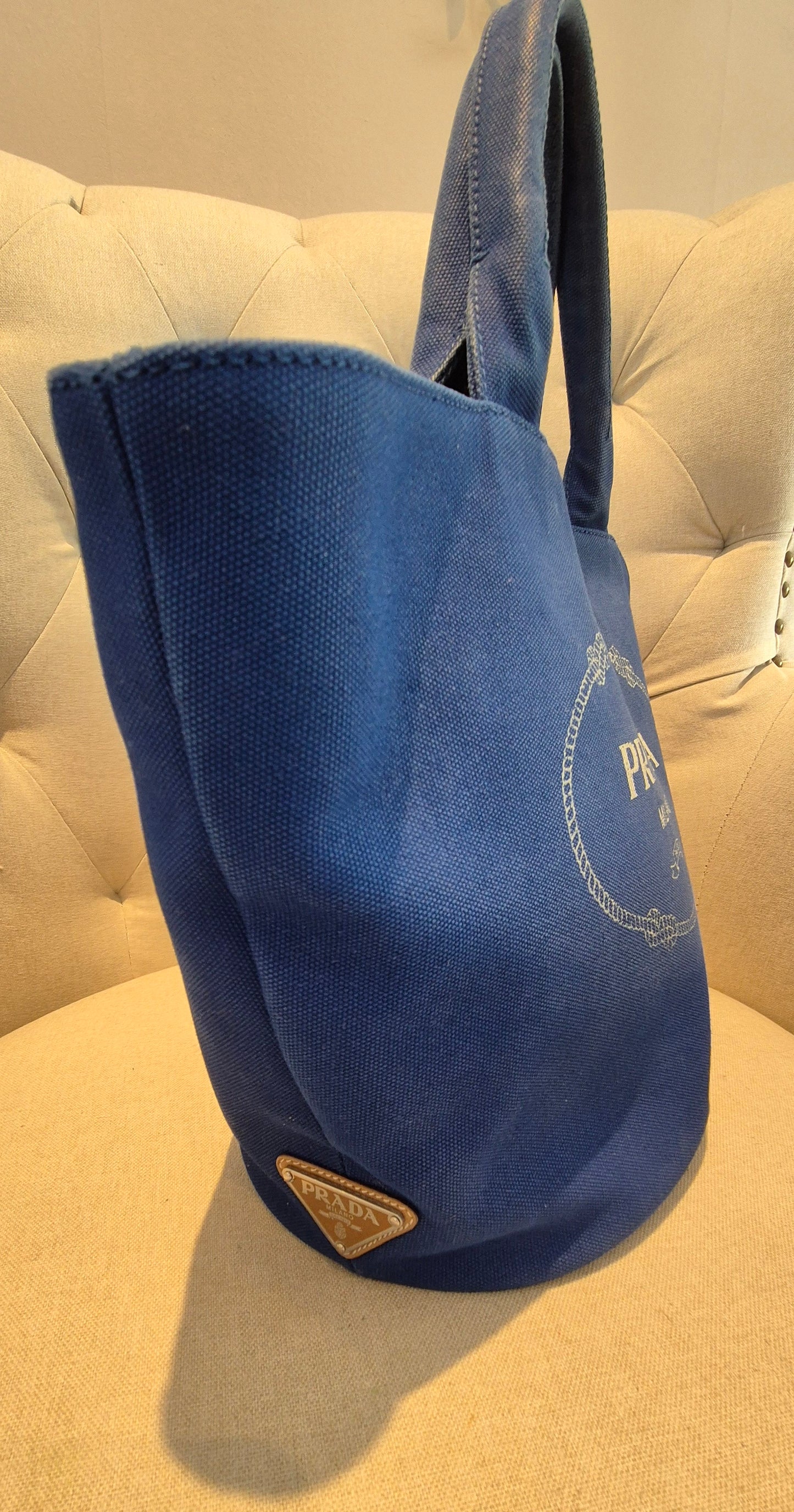 Prada Logo Canvas Bucket Tote - Cobalt Blue pre owned complete