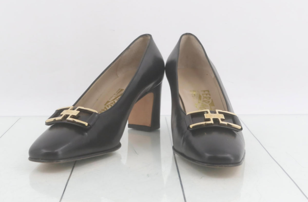 Salvatore Ferragamo block-heel leather pumps Vintage