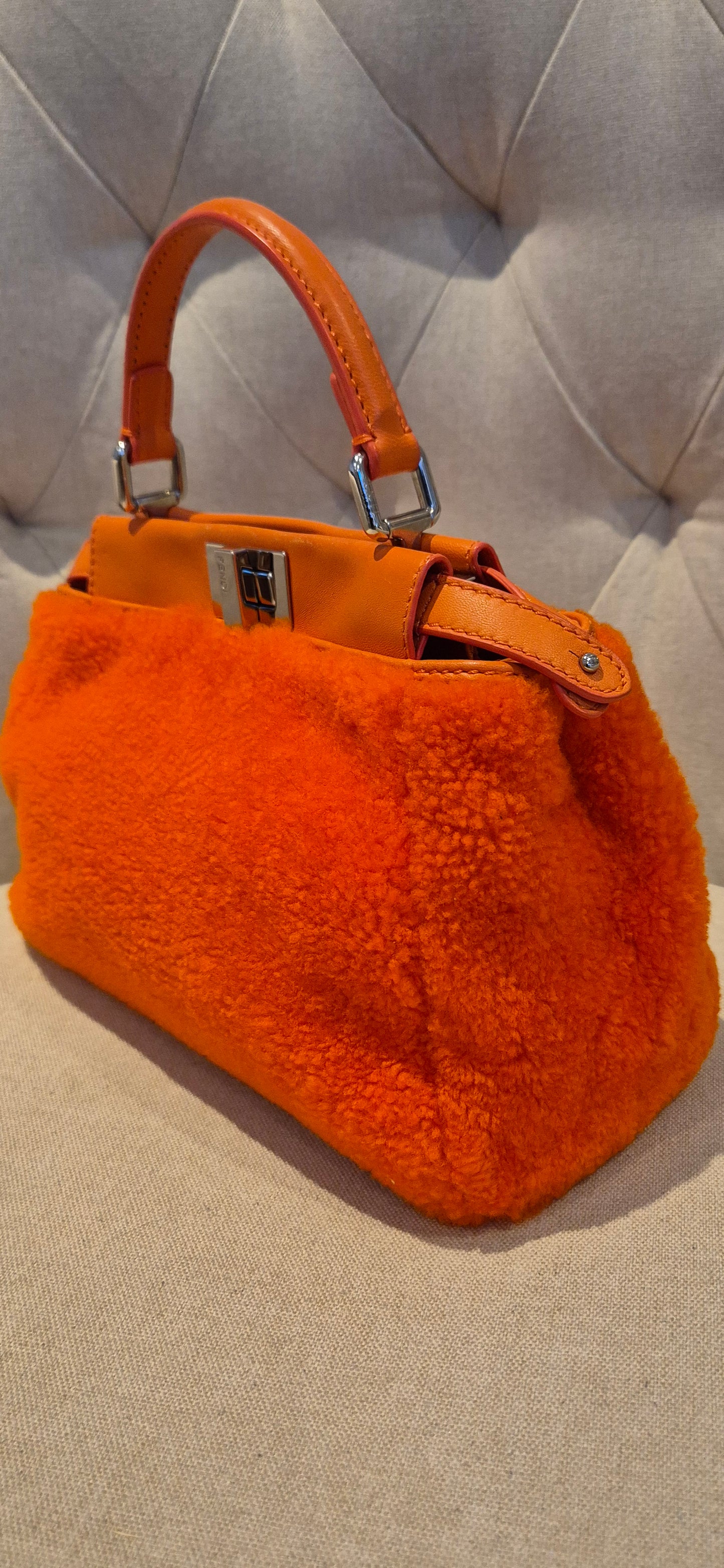 Fendi Peekaboo Mini Orange Shearling Handbag