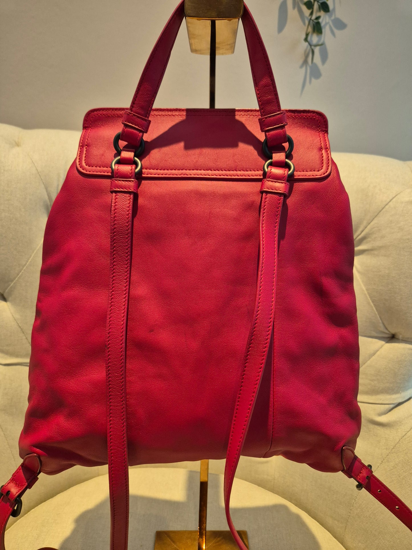 Bottega Veneta Red Leather Intrecciato Flap Drawstring Backpack