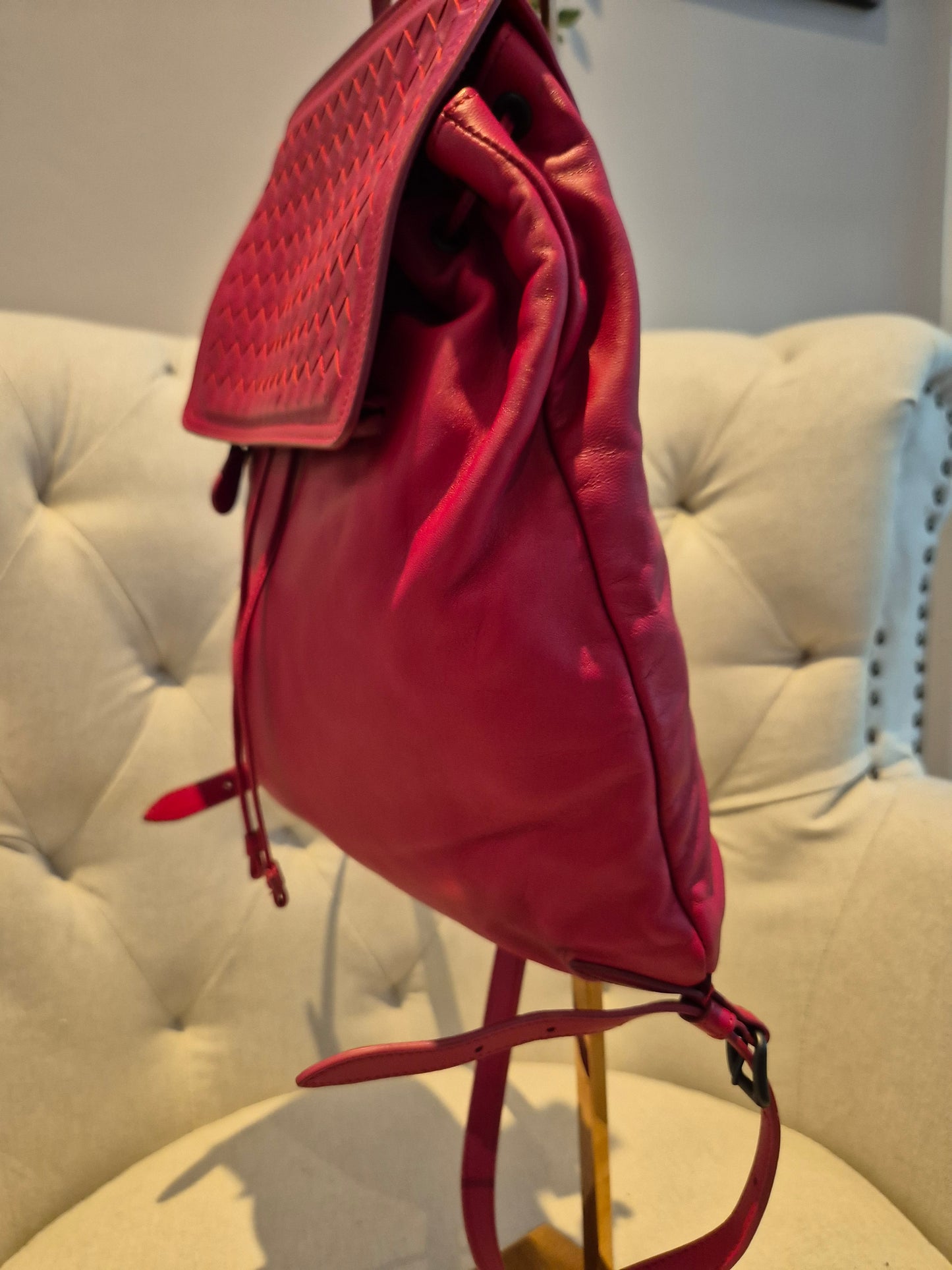 Bottega Veneta Red Leather Intrecciato Flap Drawstring Backpack