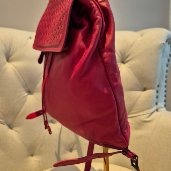 Bottega Veneta Red Leather Intrecciato Flap Drawstring Backpack