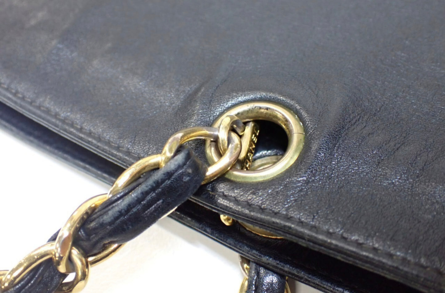 Chanel Large CC Logo Leather Shopping Tote Black Gold Chain Strap Vintage