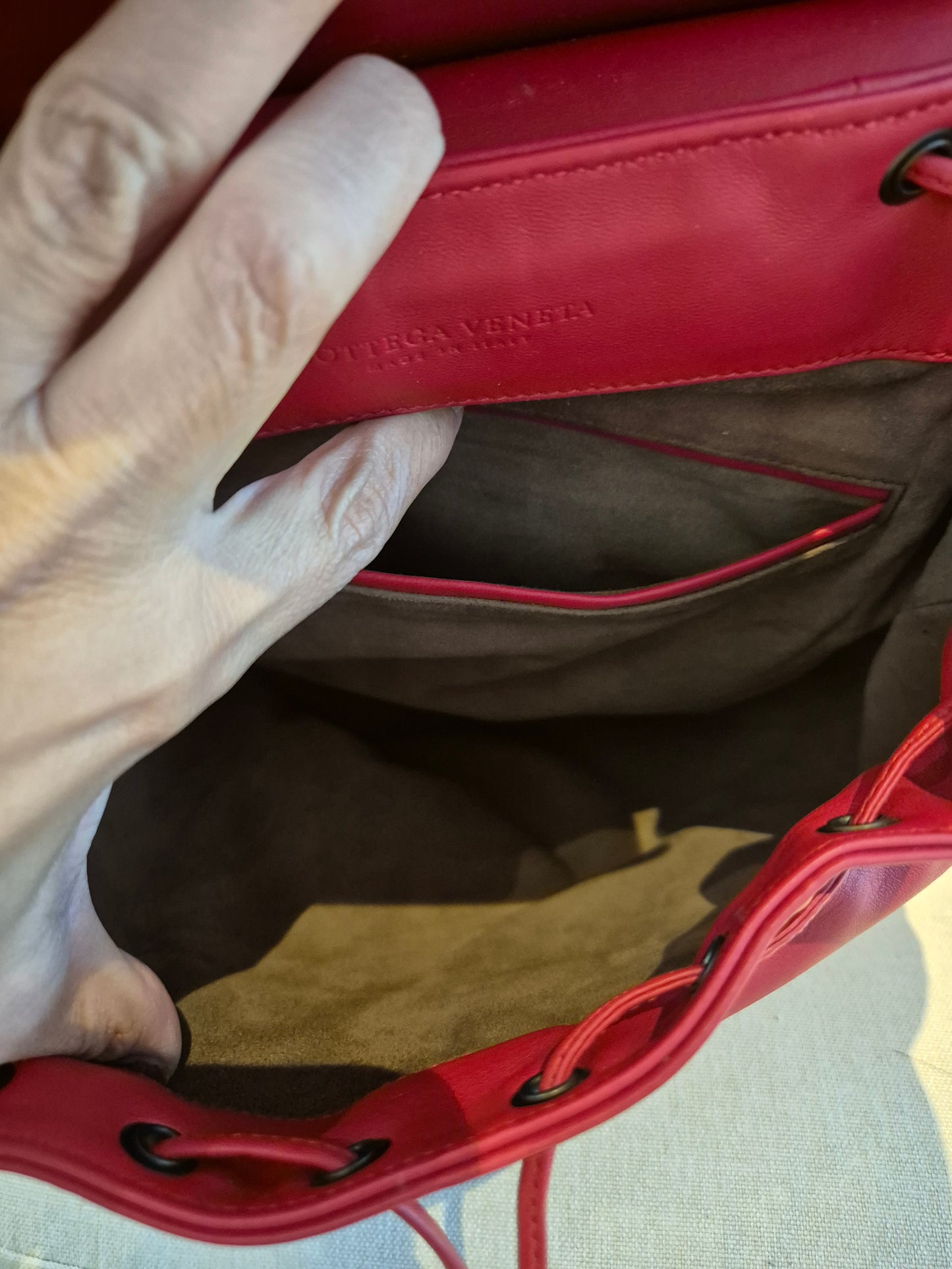 Bottega Veneta Red Leather Intrecciato Flap Drawstring Backpack