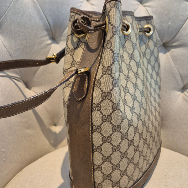 Gucci GG Monogram Womens Drawstring Bucket Bag in PVC Leather