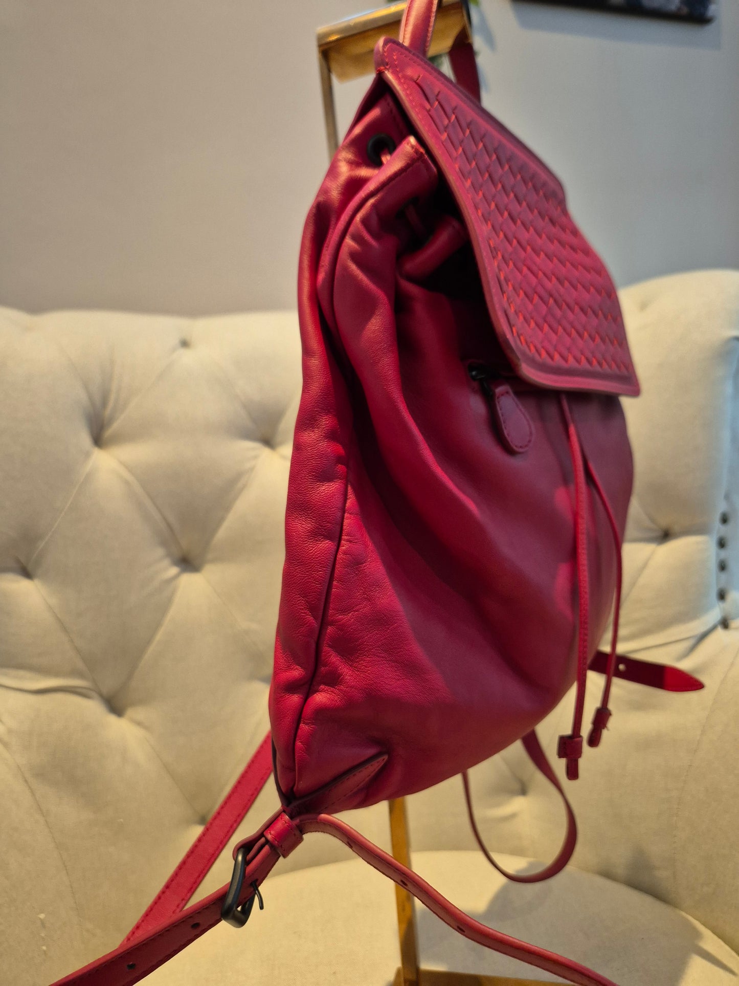 Bottega Veneta Red Leather Intrecciato Flap Drawstring Backpack