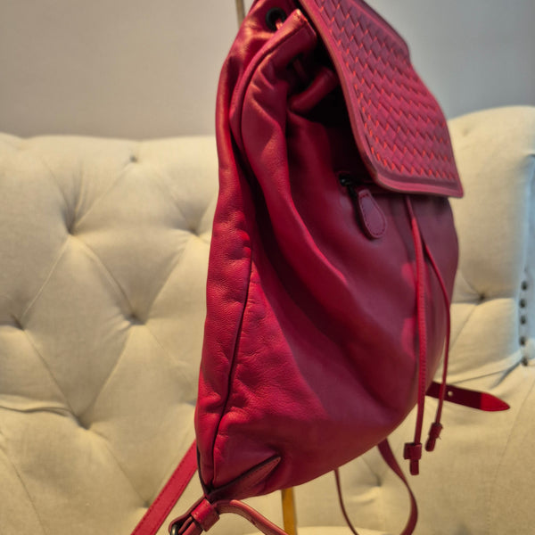 Bottega Veneta Red Leather Intrecciato Flap Drawstring Backpack