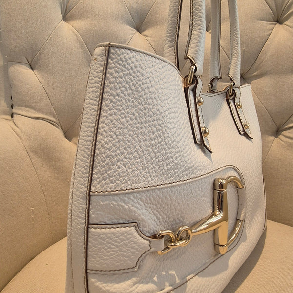 Gucci White Pebbled Leather Hassler Horsebit Double Handle Tote Bag