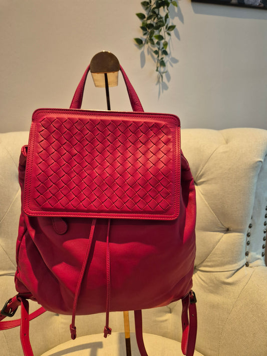 Bottega Veneta Red Leather Intrecciato Flap Drawstring Backpack