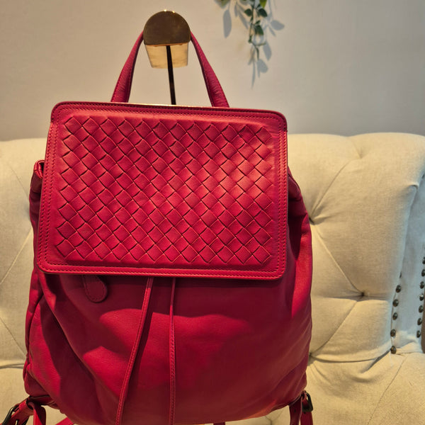 Bottega Veneta Red Leather Intrecciato Flap Drawstring Backpack