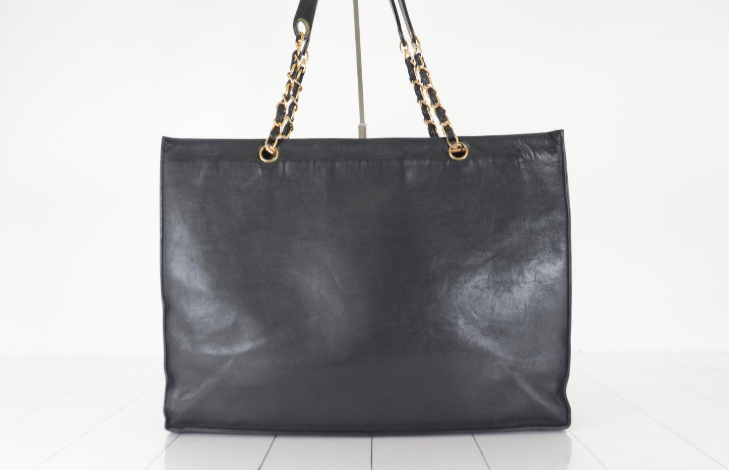 Chanel Large CC Logo Leather Shopping Tote Black Gold Chain Strap Vintage