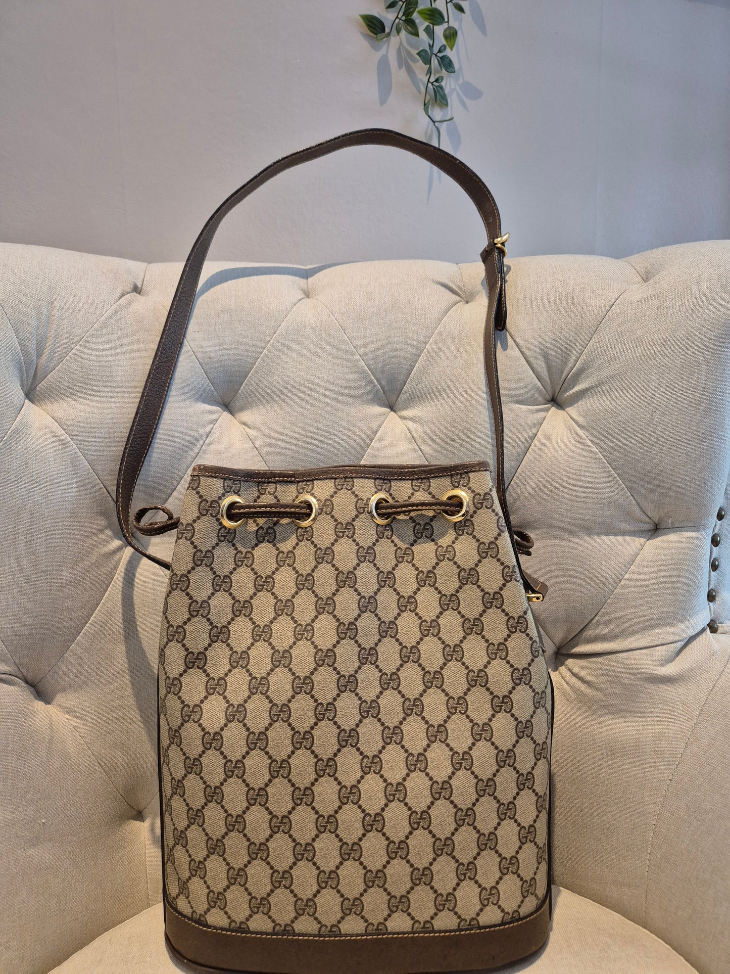 Gucci GG Monogram Womens Drawstring Bucket Bag in PVC Leather