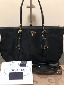 Prada Tessuto 1BG253 Saffian Black Nylon and Leather Shopping Tote Bag