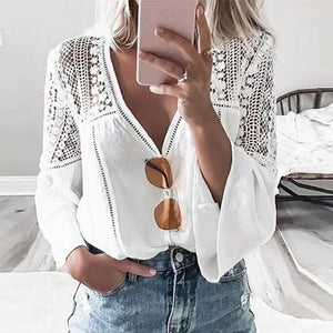 Women's White V-Neck Lace Blouse Flare Long Sleeve Hollow Out Patchwork Blouses Female 2021 Summer Spring Ladies Casual Tops