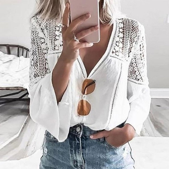 Women's White V-Neck Lace Blouse
