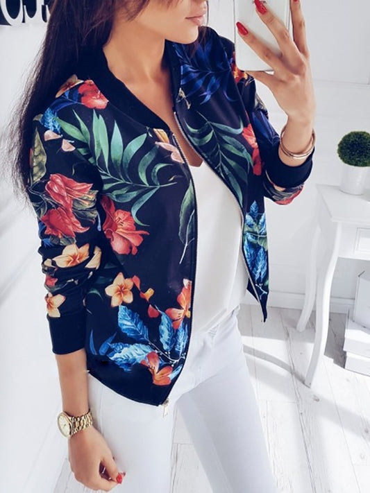 Spring Women Crop Jacket Vintage Floral Print Zipper Bomber Jackets