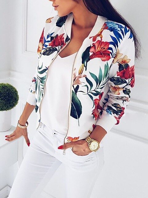 Spring Women Crop Jacket Vintage Floral Print Zipper Bomber Jackets Co brandorama
