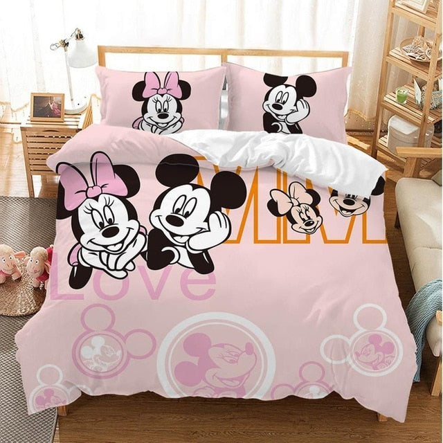 Disney Cartoon Mickey Minnie  Bedding Set Lovely Couple Queen King Size Bedding Set Children Duvet Cover Pillow Cases