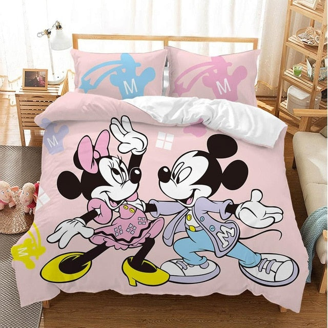 Disney Cartoon Mickey Minnie  Bedding Set Lovely Couple Queen King Size Bedding Set Children Duvet Cover Pillow Cases