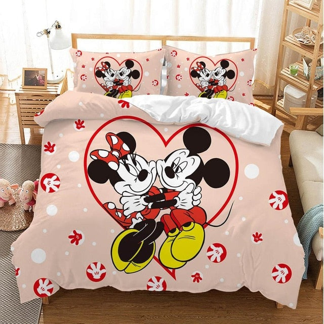 Disney Cartoon Mickey Minnie  Bedding Set Lovely Couple Queen King Size Bedding Set Children Duvet Cover Pillow Cases