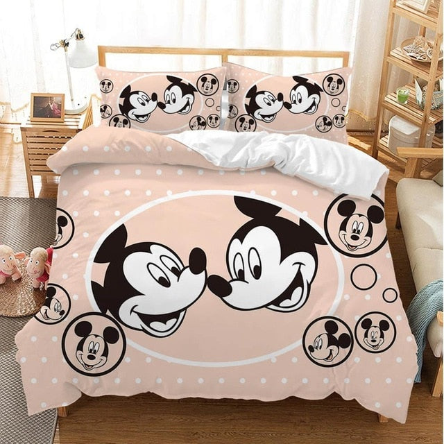 Disney Cartoon Mickey Minnie  Bedding Set Lovely Couple Queen King Size Bedding Set Children Duvet Cover Pillow Cases