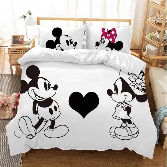 Disney Cartoon Mickey Minnie  Bedding Set Lovely Couple Queen King Size Bedding Set Children Duvet Cover Pillow Cases