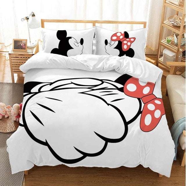 Disney Cartoon Mickey Minnie  Bedding Set Lovely Couple Queen King Size Bedding Set Children Duvet Cover Pillow Cases