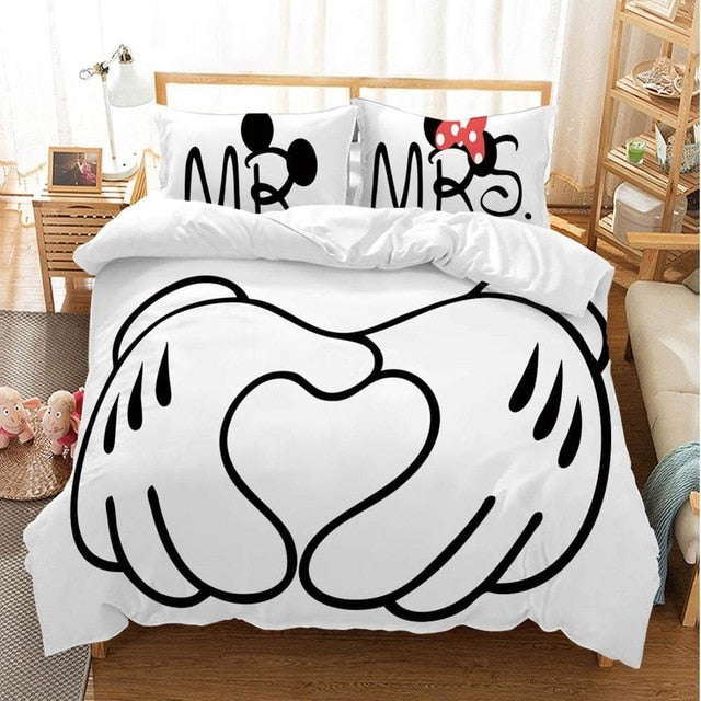 Disney Cartoon Mickey Minnie  Bedding Set Lovely Couple Queen King Size Bedding Set Children Duvet Cover Pillow Cases