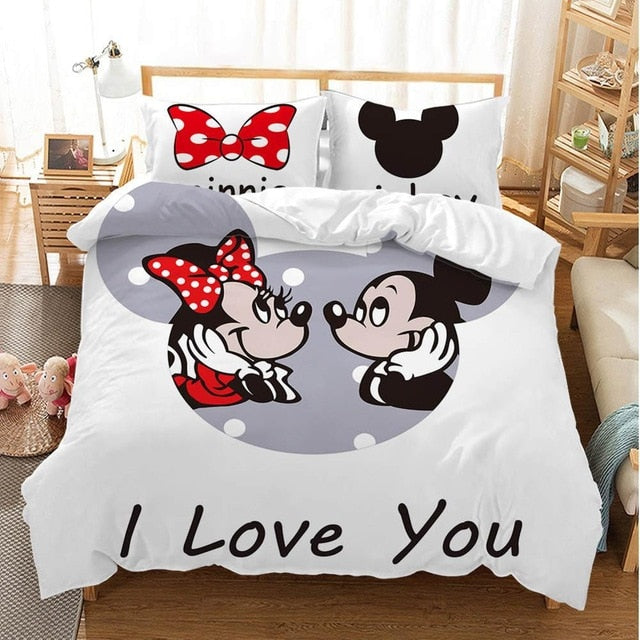 Disney Cartoon Mickey Minnie  Bedding Set Lovely Couple Queen King Size Bedding Set Children Duvet Cover Pillow Cases