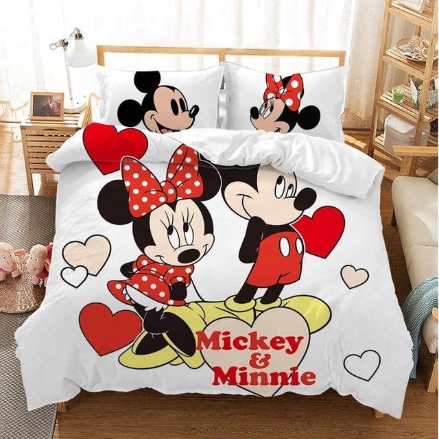 Disney Cartoon Mickey Minnie  Bedding Set Lovely Couple Queen King Size Bedding Set Children Duvet Cover Pillow Cases